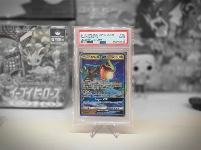 Graded Rayquaza GX Pokémon card in a protective slab, shown as collector inspiration
